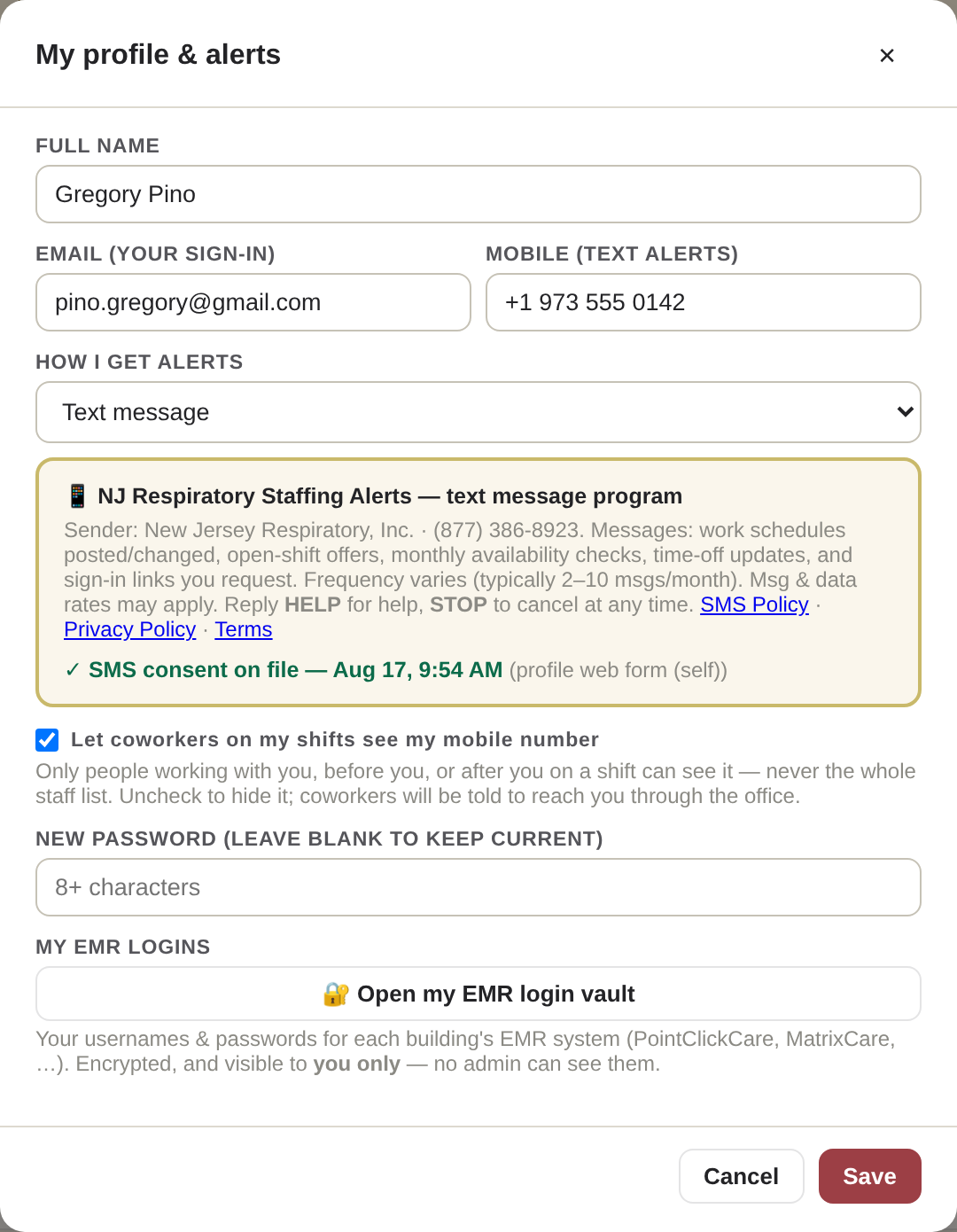 Step 3: after saving with the consent box checked, the profile shows SMS consent recorded with its timestamp