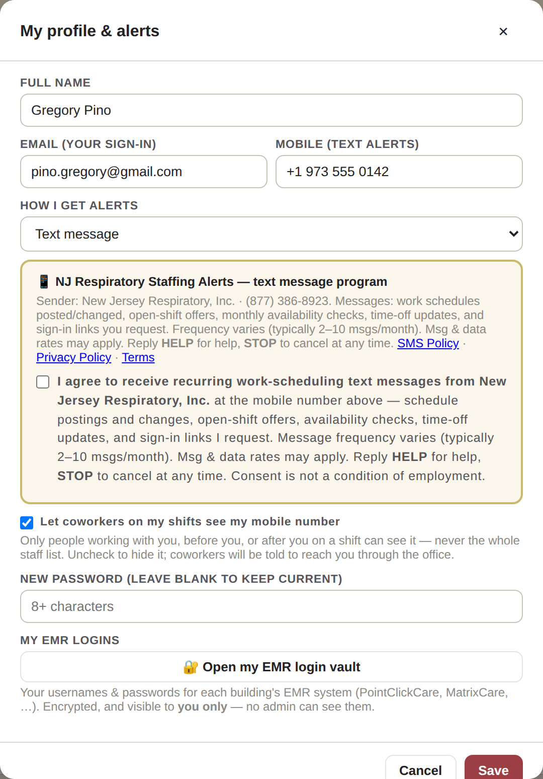 Step 1–2: the profile alerts screen showing the mobile number field, the text alert program disclosures, and the standalone SMS consent checkbox — before saving